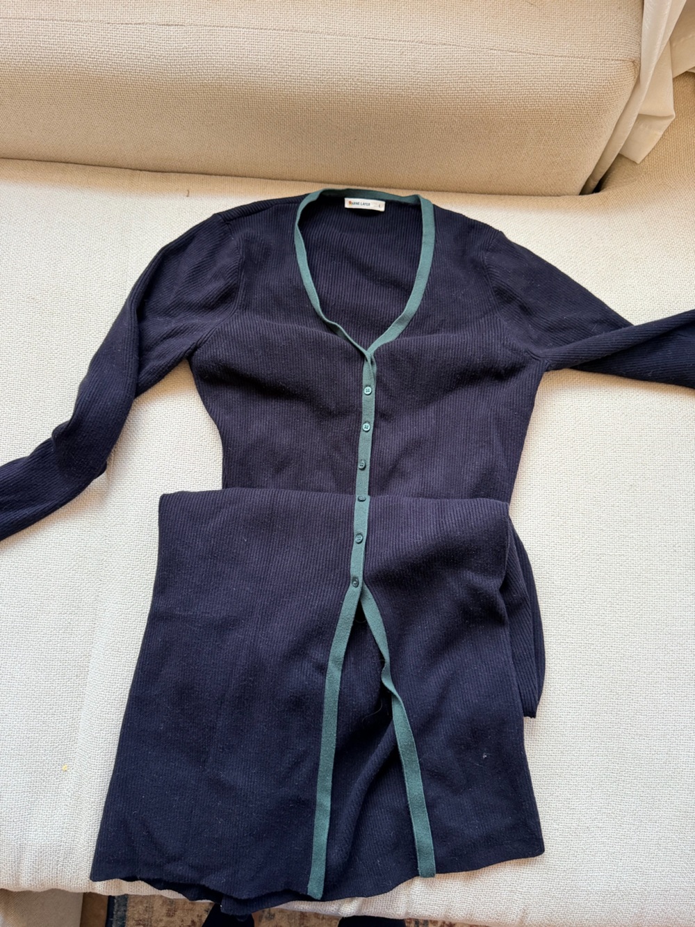 Knit Button-Up maxi length dress  with Dark Green Trim